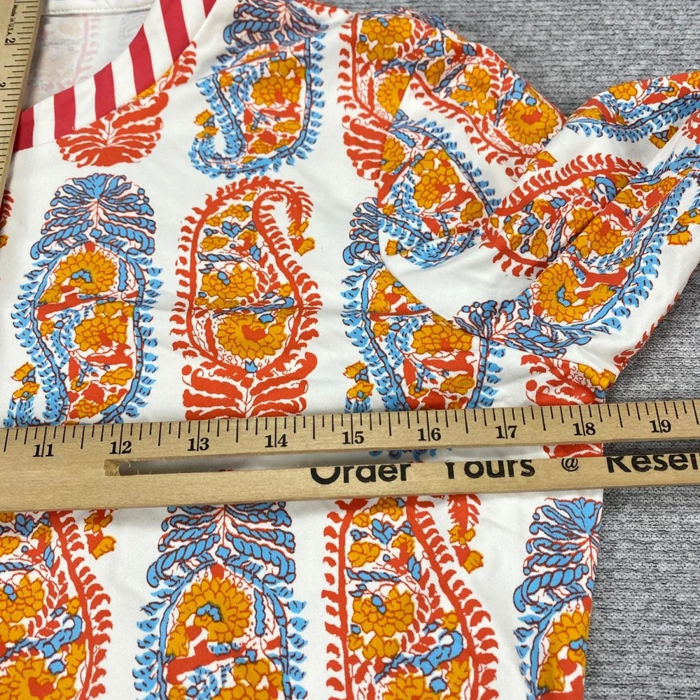 J.McLaughlin Catalina Cloth‎ Paisley Henley Tunic Top Orange Blue Striped Trim M